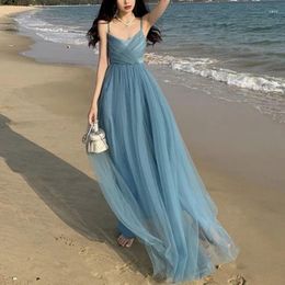 Casual Dresses Summer Elegant Fashion Beach Style Bohemian Slip Mesh Maxi Dress Female Sleeveless Solid Colour Temperament Sexy Robe Women