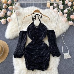 Casual Dresses 2024 Design Sense Of Niche Heavy Industry Sequin Off Shoulder Suspender Wrap Chest Hang Neck Hip Dress Sexy