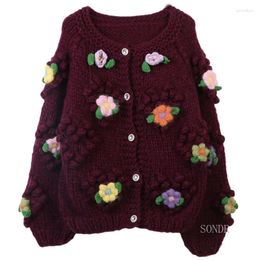 Women's Knits Thick Purple Knitted Cardigan With Crochet Floral 2024 Autumn Winter Sweater Coat Women O-Neck Contrast Flower Mujer