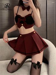 Bras Sets SINGREINY JK Uniform Bow Sexy Lingerie Suits Mini Camis Button Pleated Skirt Set Women Erotic Cosplay Sweet Short Underwear