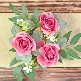 Decorative Flowers Artificial Rose Flower Candlestick Garland Romantic Silk Candle Ring Wreath For Wedding Banquet Party Dinner Table Decor