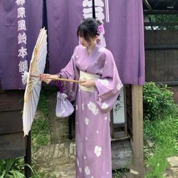 Ethnic Clothing 2024 Japanese Kimono Woman With White Obi Vintage Style Flower Printed Performing Yukata Dress Pography Bath Robe