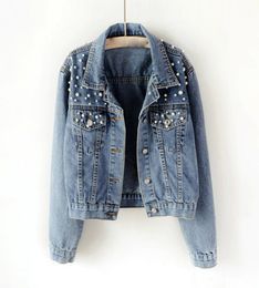 Autumn Plus Size Pearl Beaded Short Denim Jackets 3Xl 5Xl Women Long Sleeve Vintage Casual Jean Jacket Coat Bomber Denim Coat T2006277661