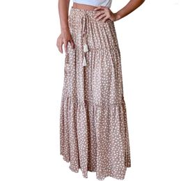 Skirts Bohemian Skirt Women Summer Vacation Beach Cover Ups Leopard Print High Waist Drawstring Maxi Layer Ruffled Pleated