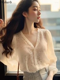 Women's Blouses Chic Summer Blouse Women 2024 Blusas Mujer De Moda Puff Sleeve V-neck Lace Shirts Loose Fashion Korean Sweet Vintage Top