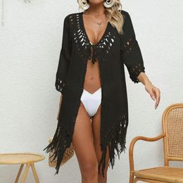 Flattering Loose Fit Swimwear Cover-up Stylish Crochet Knitted Beach Cover Ups For Women Sexy V-neck Lace-up Swimsuit Cardigan