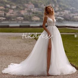 Sexy High Slit Boho Wedding Dress 2024 Spaghetti Straps A Line Bohemain Bride Dress Elegant Floor Length Tulle Lace Rustic Country Bridal Gowns Custom Made Mariage