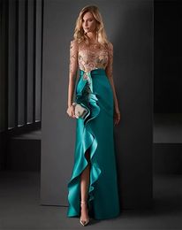 Ruffle Slit Long Mother Of The Bride Dresses Half Sleeves Lace Applique Beaded Teal Satin Guest Wedding Party Gowns Godmother Groom Mom Prom Evening Gowns