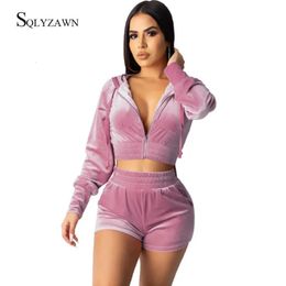 Velvet Hoodie Cropped Jacket Two Piece Biker Shorts Set Female Sexy Velour Matching Sweat Tracksuit Pants Outfit Pink Black Suit 240521