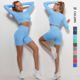 Sets Seamless Yoga Sports Fiess High Waist Peach Hip-lifting Long-Sleeved Suit Workout Clothes Gym Shorts Set for Women F2405 F2405