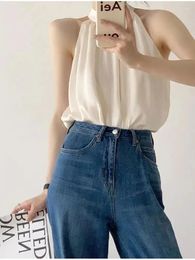 Women's Blouses Unique French Design Off Shoulder Chiffon Top Slim Fit Sleeveless Sweet Solid Color Hanging Neck Fashion