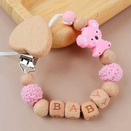 Pacifier Holders Clips# Customised English beech wood silicone letter name baby koala stand for pacifier clip chain chewing toy teeth baby pacifier chain d240521