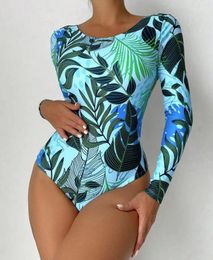 Women's Swimwear Tropical Leaves Print Diving Surfing Bikinis One Piece Long Sleeve Bodysuits Sexy Women Fashion Swimsuit Beach Monokini