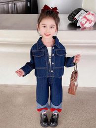 Clothing Sets Girls' Western Style Denim Suit 2024 Autumn Children's Coat Wide Leg Fashionable Baby Leisure Two-Piece