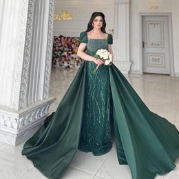 Emerald Green 2 Pieces Evening Dresses with Detachable Train Sheer Neck Short Sleeve Sequin Formal Dress Arabic Dubai Vestidos De Novia