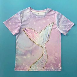T-shirts Little maven Girls T Shirt Animal Fish Tail Printed Summer New 2024 Big Girls Shorts Sleeve Cartoon 3D Girlhood Top Tees Y240521