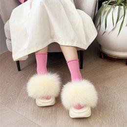 PVC Real Fluffy Raccoon Multicolour Teddy Fur Slides Fox Fur Slippers Y2k Cover Toes 240516