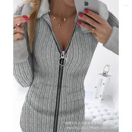 Casual Dresses Sweater Mini Dress Sexy Botton Solid Color Sheath Trend Deep V-neck Tight Women Long Sleeve Knitted Bodycon