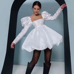 Modern White Square Neck Short Wedding Bridal Dresses Long Sleeve A Line Mini Mariage For Bride Puffy Skirt