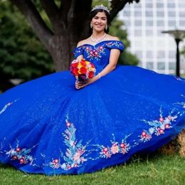 Royal Blue Mexcian Quinceanera Charro Floral Lace Off The Shoulder Ball Gowns Prom Dress Formal Party Vestidos 0521
