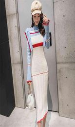 Spring Female Casual Vestidos Bodycon Contrast Design Knitted Dress Korean Lady Sweet Cute Clothing 2105203649226