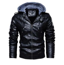 Mens Winter Plus Velvet PU Leather Jacket Hooded Collar Motorcycle Faux Leather Coats Thicken Warm Bomber Jackets Brand Clothing681997700