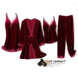 Women's Sleepwear Female 4PCS Pyjamas Set Autumn Winter Velour Trouser Suits Sexy Lace Trim Bathrobe Nightgown Loose Casual Velvet Home