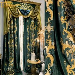 Curtain Customised Dark Green Embroidered Window Screen Velvet Splicing Thickened Curtains For Living Room Bedroom French Balcony