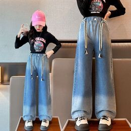 Girls Jeans Autumn 2024 Loose School Teens Straight Denim Pants for Kids Casual Elastic Waist Children Trousers 12 13 14 Years