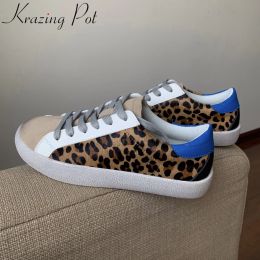 Krazing Pot Brand Cow Leather Horsehair Leopard Round Toe Thick Bottom Sneakers Lace Up Breathable Casual Women Vulcanised Shoes