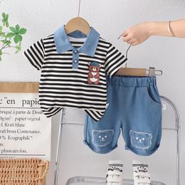 Clothing Sets Kids Summer Set 2024 Baby Boy Clothes 2 To 3 Years Cartoon Striped Turn-down Collar Short Sleeve T-shirts And Shorts Boys