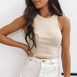 Tank Tops Sexy Crop Vest Solid Harajuku Korean Female Off Shoulder Knitted Khaki White Summer Women 240517