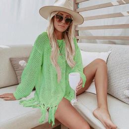 Beach Coat Hollowed-out Knitted Fringed Blouse Lady Sand Wear Holiday Bikini Jacket Swimsuit Seaside Sunscreen Women Geen