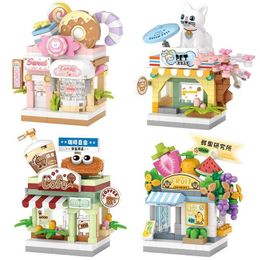 Blocks Mini City Street View Coffee Shop Dessert House Candy Building Block 4-in-1 Art Brick Toy Gifts H240521