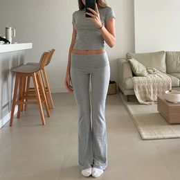 Vintage Lounge Matching Suit Women Casual Slim Fit 2 Piece Set Short Sleeve Crop Tops Pants Y2K Rib Knitted T-shirt Outfits 240521