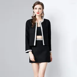 Work Dresses High Quality Women Black Tweed Two Piece Set Exquisite Beaded O-Collar Coat Top Mini Short Skirt Suit Ladies Fall Winter