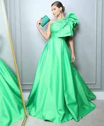 Party Dresses Vintage Long Green Taffeta Evening With Bow A-Line One Shoulder Pleated Watteau Train Formal Occasion Prom Gowns