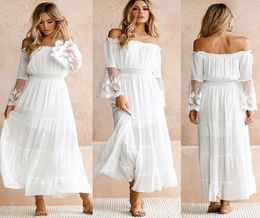 2020 Women Strapless Long Sleeve Loose White Beach Dress Sexy Off Shoulder Lace Boho Women Maxi Dress1214897