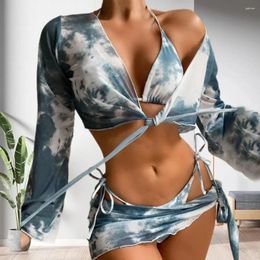 Women's Swimwear Breathable Bikini Set Tie-dye Print With Cover Up Skirt Long Sleeve Top For Women Sexy Swimsuit Bathing Beach