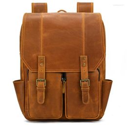 Backpack Men Big Double Layer Crazy Horse Leather Backpacks 16 Inch Retro Casual Flap Daypack Travel Bag Cow Rucksack