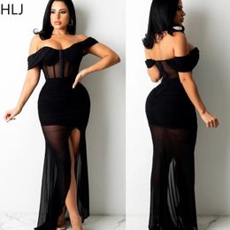 Casual Dresses HLJ Sexy Mesh Perspective Off Shoulder Bodycon Party Club Women V Neck Slim High Slit Floor Dress Female Solid Vestidos