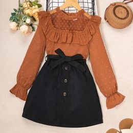 Clothing Sets Girls 2 Piece Outfits Long Sleeve Round Neck Frill Trim Dot Tops Elastic Waist Skirt With Belt Kids Clothes Set