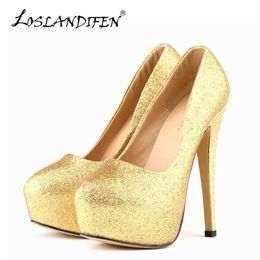 Dress Shoes Sexy Women Pumps Ultra High Heels Glitter Gold Shoes 14cm Platform Round Toe Ladies Wedding Party 817-1Gitter H240521