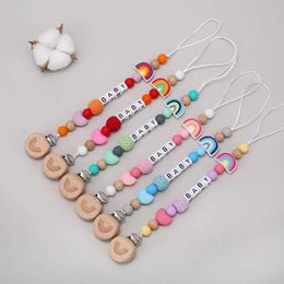 Pacifier Holders Clips# Personalized name for baby pacifier clip free of bisphenol A rainbow wood silicone dummy clip chain teeth toy accessories d240521