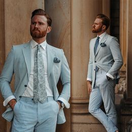 Pinstripe Linen Mens Wedding Tuxedos Notched Lapel Ceremony Groom Wear Party Birthday Pants Suits 2 Pieces