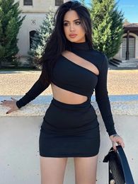 Casual Dresses Dulzura Solid Long Sleeve Cut Out Mini Dress For Women Bodycon Sexy Streetwear Party Club Outfits 2024 Spring Summer Clothes