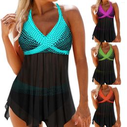 Women's Swimwear Women Two-piece Swimming Clothes Set V-neck Sleeveless Variegated Colour Tops And Panties Lake Blue/ Green/ Orange/ Purple