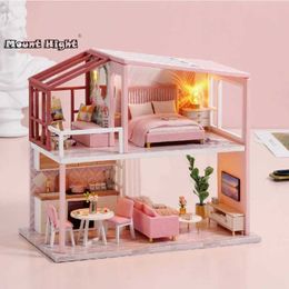 Blocks DIY mini doll house set with dust cover wooden furniture accessories childrens toys Christmas gifts H240521