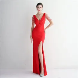 Party Dresses YIDINGZS Candy Colour Women Beading Maxi Dress Bright Red Soft Satin Sexy V Neck Evening Long Bridesmaid Drress