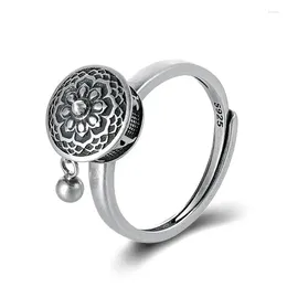 Cluster Rings 925 Sterling Silver Retro Six-character Mantra Creative Ethnic Style Open For Women Girls Rotatable Amulet Jewellery